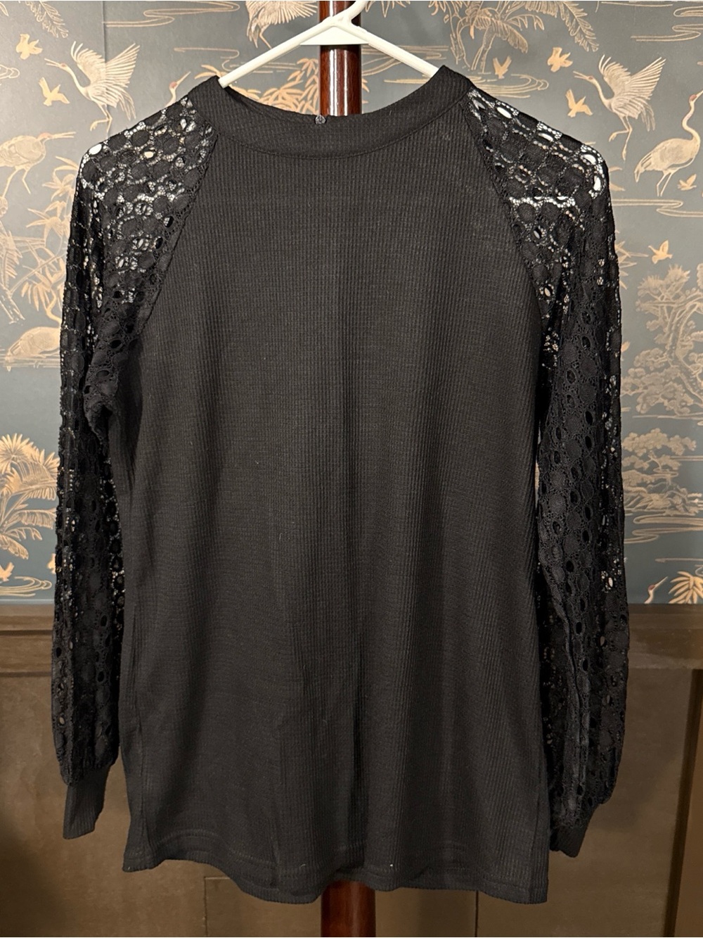 Black Lace-Sleeve Crew Neck Sweater - Women